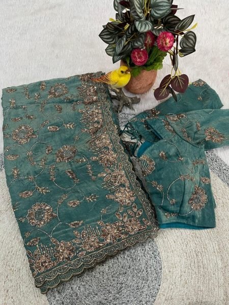 Teal Green Fandy Satin Silk Saree with Copper Sequins Work for Wedding Wear Silk Sarees Wholesale