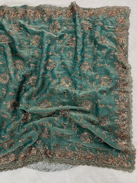 Teal Green Fandy Satin Silk Saree with Copper Sequins Work for Wedding Wear Silk Sarees Wholesale