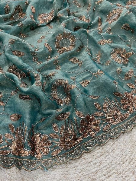 Teal Green Fandy Satin Silk Saree with Copper Sequins Work for Wedding Wear Silk Sarees Wholesale