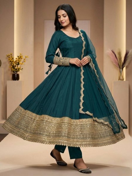 Teal Green Heavy Embroidered Anarkali Gown with Organza Dupatta for Wedding Wear Ready To Wear Suit