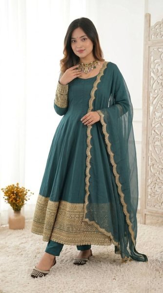 Teal Green Heavy Embroidered Anarkali Gown with Organza Dupatta for Wedding Wear Ready To Wear Collection
