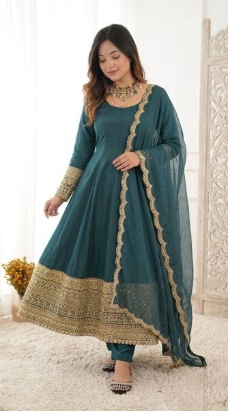 Teal Green Heavy Embroidered Anarkali Gown with Organza Dupatta for Wedding Wear Ready To Wear Collection