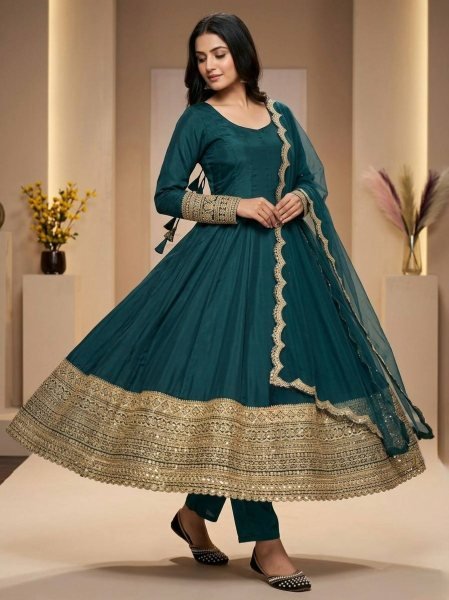 Teal Green Heavy Embroidered Anarkali Gown with Organza Dupatta for Wedding Wear Ready To Wear Collection