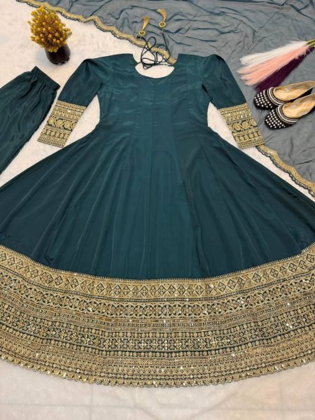 Teal Green Heavy Embroidered Anarkali Gown with Organza Dupatta for Wedding Wear Ready To Wear Collection