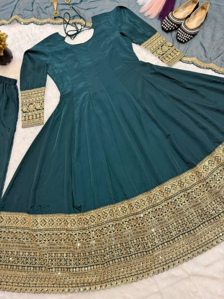 Teal Green Heavy Embroidered Anarkali Gown with Organza Dupatta for Wedding Wear Ready To Wear Collection
