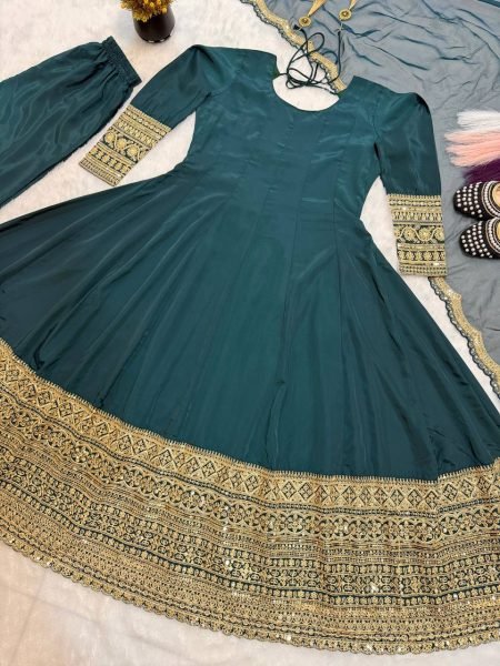 Teal Green Heavy Embroidered Anarkali Gown with Organza Dupatta for Wedding Wear Ready To Wear Collection