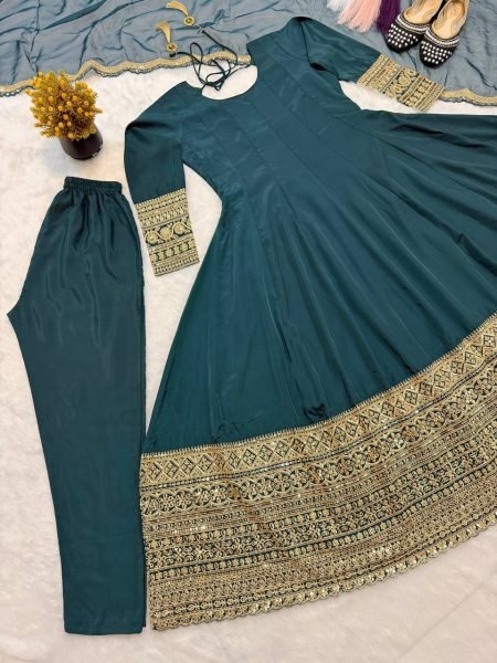 Teal Green Heavy Embroidered Anarkali Gown with Organza Dupatta for Wedding Wear Ready To Wear Collection