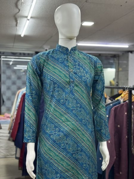 Teal Green Mix Bandhni Print Mens Kurta in Soft Cotton Silk Festive Wear Kurta Pajama Wholesale