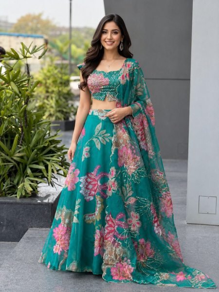Teal Green Pure Organza Digital Print Lehenga Choli with Sequins Embroidery and Batwa Bag  Lehenga