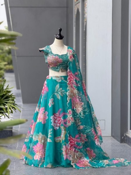 Teal Green Pure Organza Digital Print Lehenga Choli with Sequins Embroidery and Batwa Bag Designer Lehenga Choli