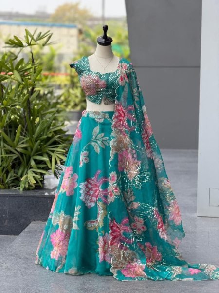 Teal Green Pure Organza Digital Print Lehenga Choli with Sequins Embroidery and Batwa Bag Designer Lehenga Choli