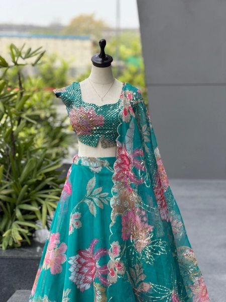 Teal Green Pure Organza Digital Print Lehenga Choli with Sequins Embroidery and Batwa Bag Designer Lehenga Choli