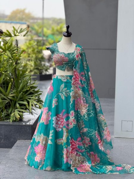 Teal Green Pure Organza Digital Print Lehenga Choli with Sequins Embroidery and Batwa Bag Designer Lehenga Choli