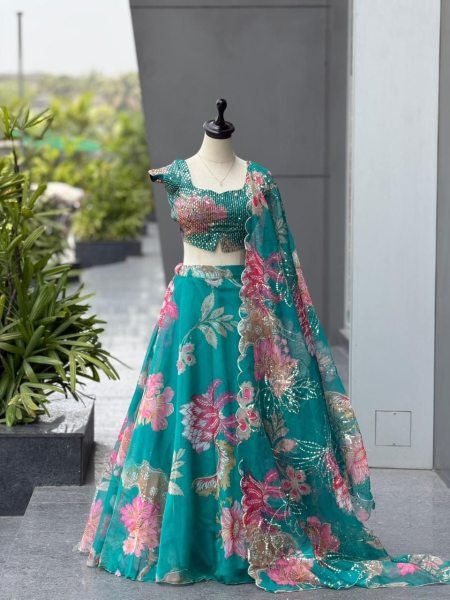 Teal Green Pure Organza Digital Print Lehenga Choli with Sequins Embroidery and Batwa Bag Designer Lehenga Choli