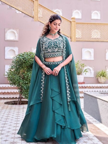 Teal Green Rangoli Silk Sequins Work Blouse with Tiered Lehenga and Shrug  Lehenga