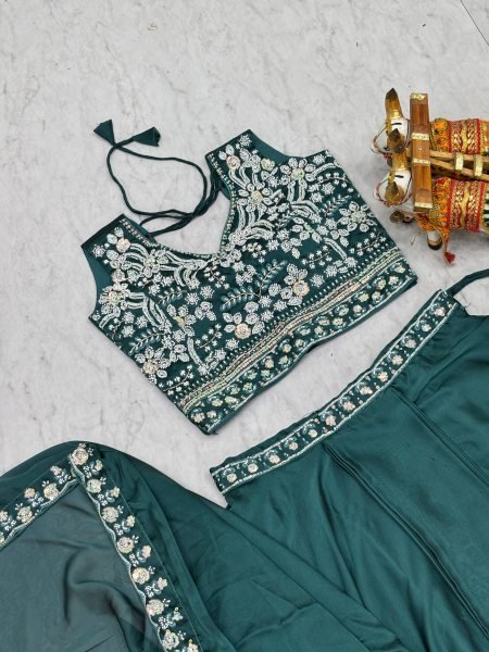 Teal Green Rangoli Silk Sequins Work Blouse with Tiered Lehenga and Shrug Bridal Lehenga Choli