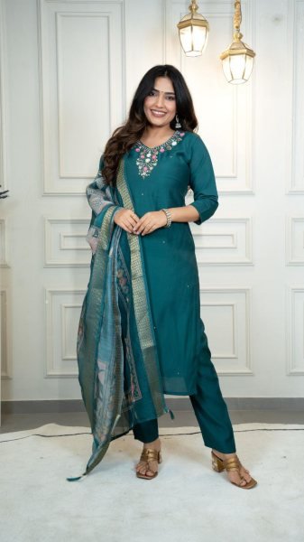 Teal Green Roman Silk Suit Set Festive Wear Collection at Best Rate 3 Piece Kurti Set