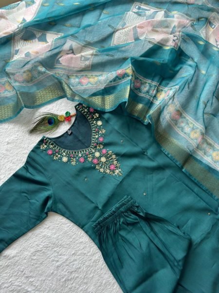 Teal Green Roman Silk Suit Set Festive Wear Collection at Best Rate 3 Piece Kurti Set