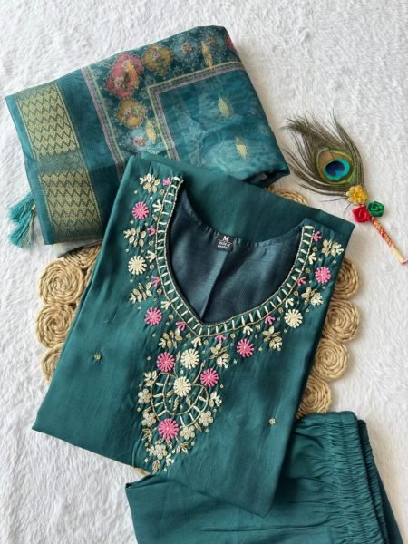 Teal Green Roman Silk Suit Set Festive Wear Collection at Best Rate 3 Piece Kurti Set