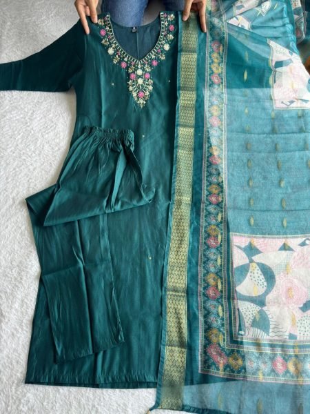 Teal Green Roman Silk Suit Set Festive Wear Collection at Best Rate 3 Piece Kurti Set
