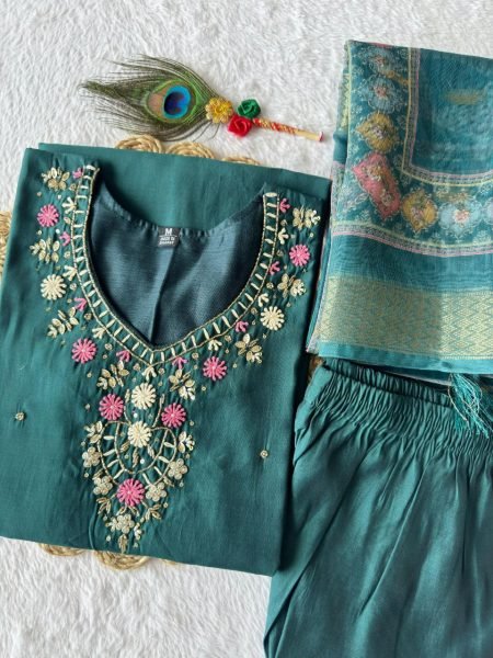 Teal Green Roman Silk Suit Set Festive Wear Collection at Best Rate 3 Piece Kurti Set