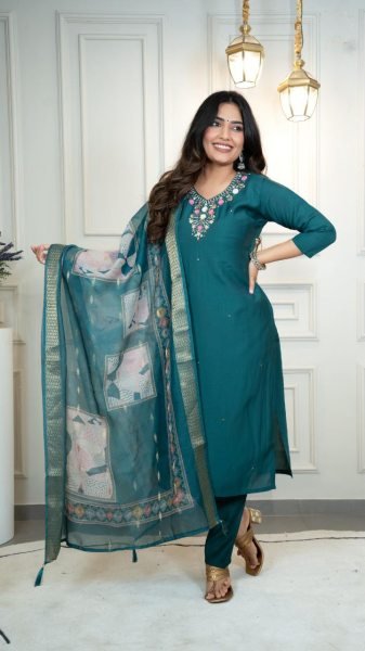 Teal Green Roman Silk Suit Set Festive Wear Collection at Best Rate 3 Piece Kurti Set