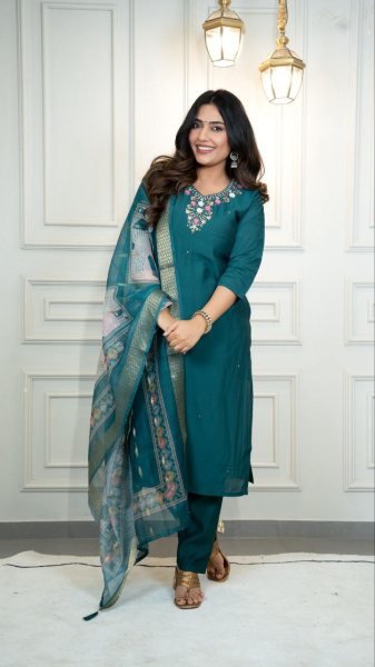 Teal Green Roman Silk Suit Set Festive Wear Collection at Best Rate 3 Piece Kurti Set