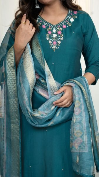 Teal Green Roman Silk Suit Set Festive Wear Collection at Best Rate 3 Piece Kurti Set
