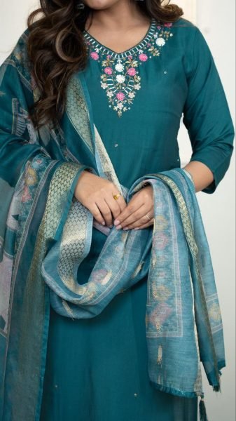 Teal Green Roman Silk Suit Set Festive Wear Collection at Best Rate 3 Piece Kurti Set