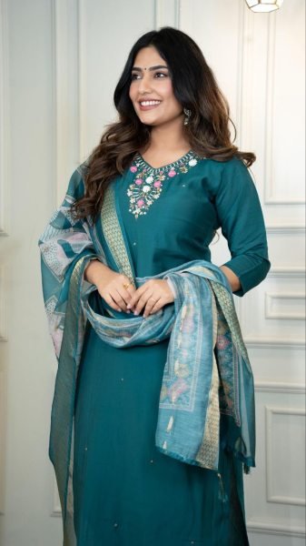 Teal Green Roman Silk Suit Set Festive Wear Collection at Best Rate 3 Piece Kurti Set