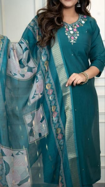 Teal Green Roman Silk Suit Set Festive Wear Collection at Best Rate 3 Piece Kurti Set