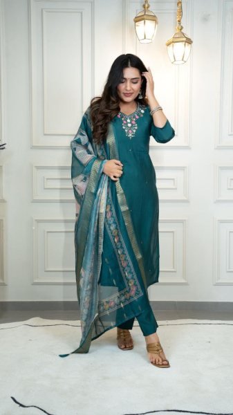 Teal Green Roman Silk Suit Set Festive Wear Collection at Best Rate 3 Piece Kurti Set
