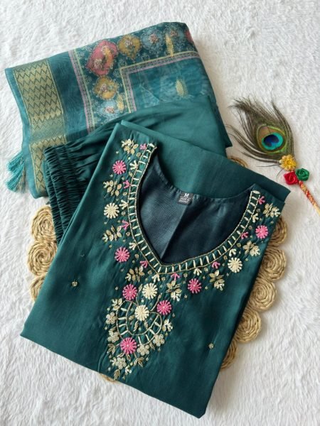 Teal Green Roman Silk Suit Set Festive Wear Collection at Best Rate 3 Piece Kurti Set