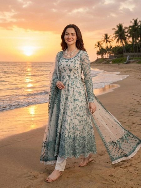 Teal Green Thread and Sequins Embroidered Anarkali Dress for Wedding Functions 
