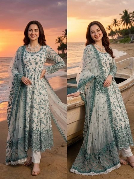 Teal Green Thread and Sequins Embroidered Anarkali Dress for Wedding Functions Ready To Wear Collection