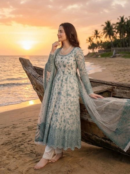 Teal Green Thread and Sequins Embroidered Anarkali Dress for Wedding Functions Ready To Wear Collection
