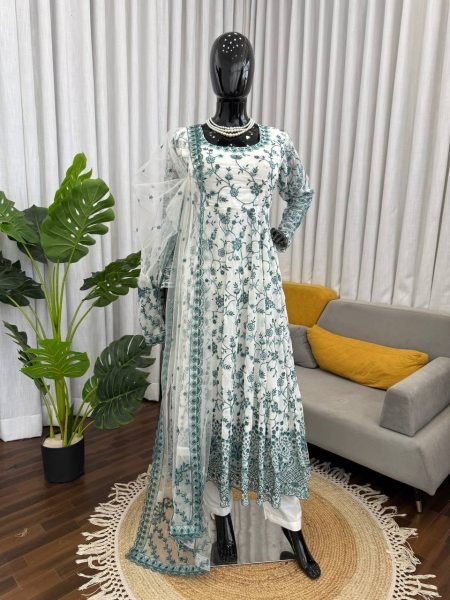 Teal Green Thread and Sequins Embroidered Anarkali Dress for Wedding Functions Ready To Wear Collection