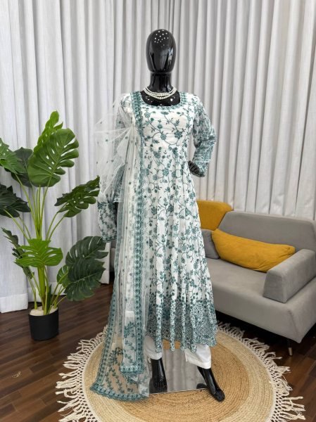 Teal Green Thread and Sequins Embroidered Anarkali Dress for Wedding Functions Ready To Wear Collection
