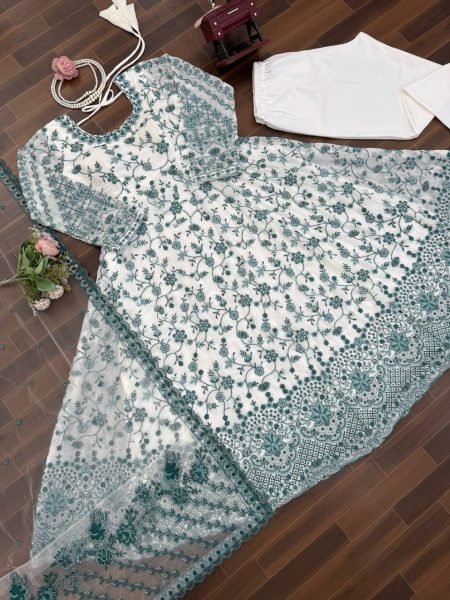 Teal Green Thread and Sequins Embroidered Anarkali Dress for Wedding Functions Ready To Wear Collection