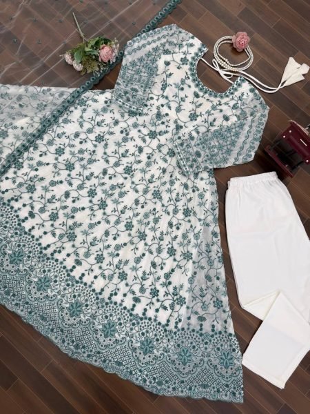 Teal Green Thread and Sequins Embroidered Anarkali Dress for Wedding Functions Ready To Wear Collection