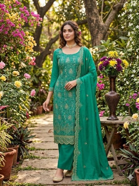 Teal Green Vichitra Silk Salwar Suit Fabric with Heavy Embroidery and Santoon Bottom Color Set Matching Dress Material Wholesale