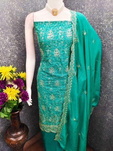 Teal Green Vichitra Silk Salwar Suit Fabric with Heavy Embroidery and Santoon Bottom Color Set Matching Dress Material Wholesale