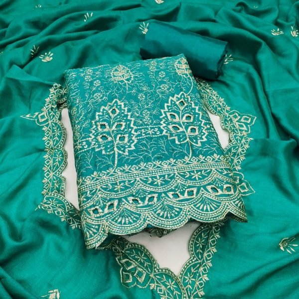 Teal Green Vichitra Silk Salwar Suit Fabric with Heavy Embroidery and Santoon Bottom Color Set Matching Dress Material Wholesale