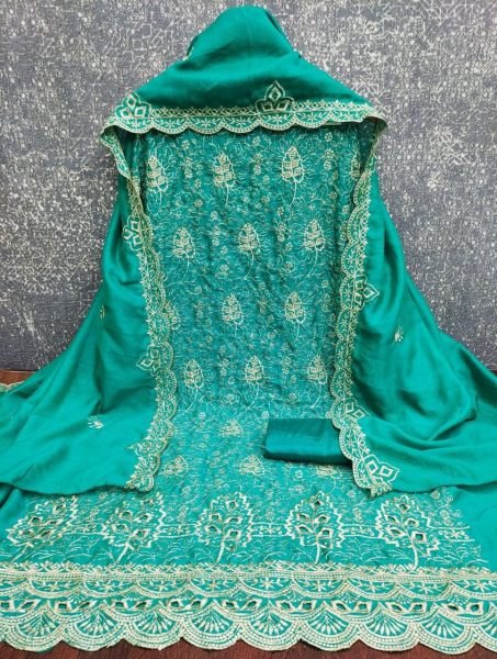 Teal Green Vichitra Silk Salwar Suit Fabric with Heavy Embroidery and Santoon Bottom Color Set Matching Dress Material Wholesale