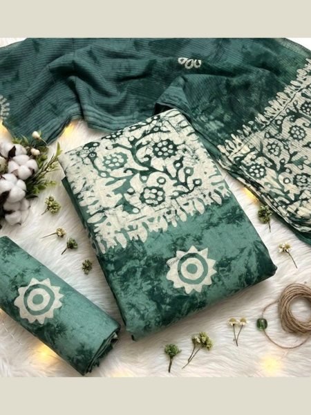 Teal Green Wax Batik Print Dress Material Set for Kurti  Top and Designer Outfits