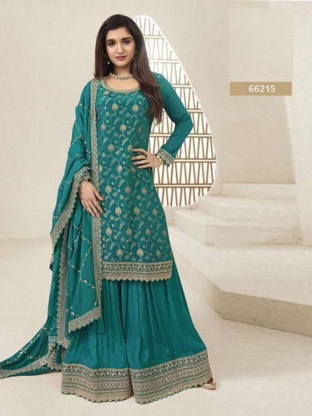 Teal Green Zari Sharara Suit Chinon Elegance for Mehndi Vibes Vinay Fashion 