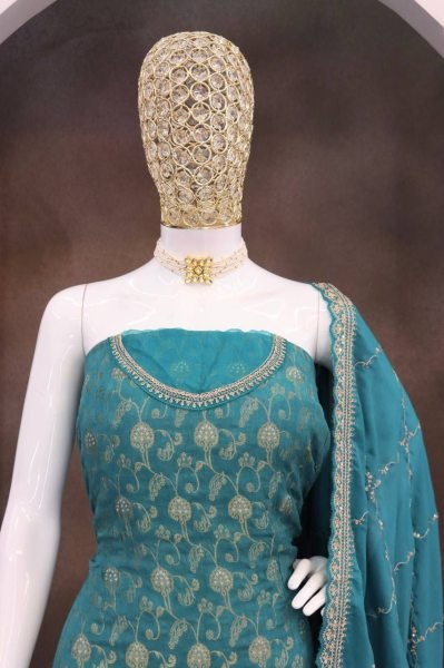 Teal Green Zari Sharara Suit Chinon Elegance for Mehndi Vibes Designer Plazzo Salwar Suits Wholesale