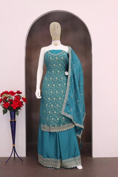 Teal Green Zari Sharara Suit Chinon Elegance for Mehndi Vibes Designer Plazzo Salwar Suits Wholesale