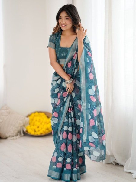 Teal Lilan Patta Printed Saree with Georgette Blouse Trendy Daily Wear Printed Cotton Sarees Wholesale