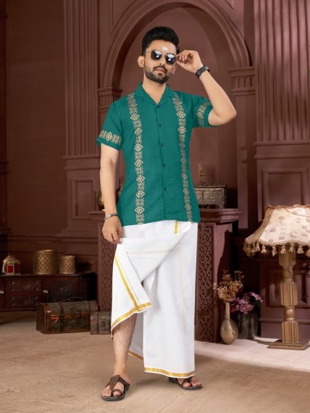 Teal Magic Cotton Foil Print Half Sleeve Shirt with Dhoti Stylish Outfit for Pongal Wear Mens Shirt